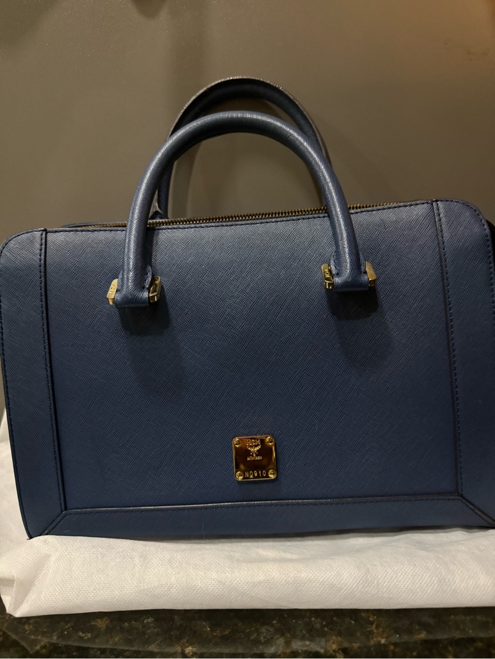 MCM Navy Saffiano Leather Structured Satchel